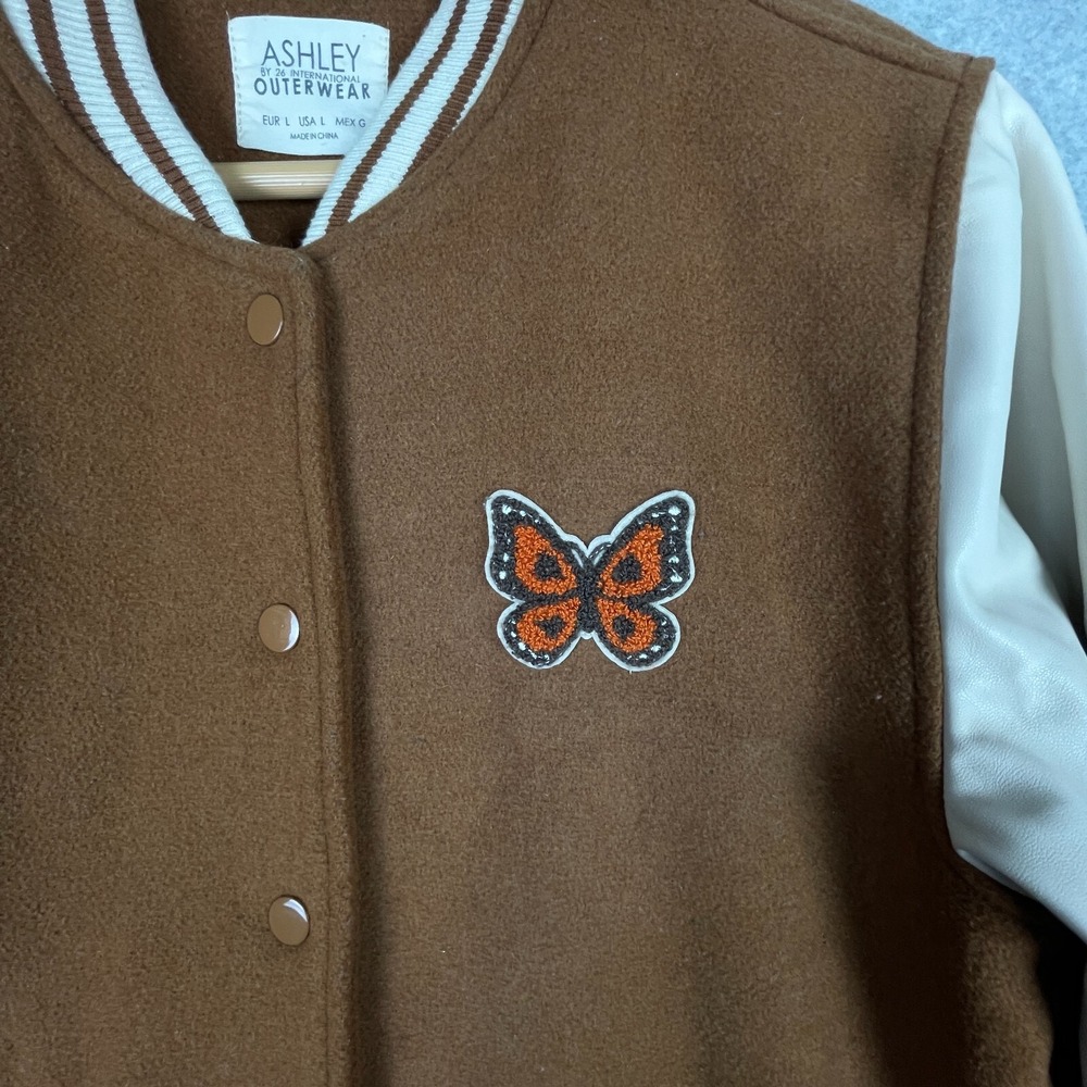 Mushroom Varsity Jacket Women Large Brown Butterfly Cottage Psychedelic Ashley - Picture 6 of 12